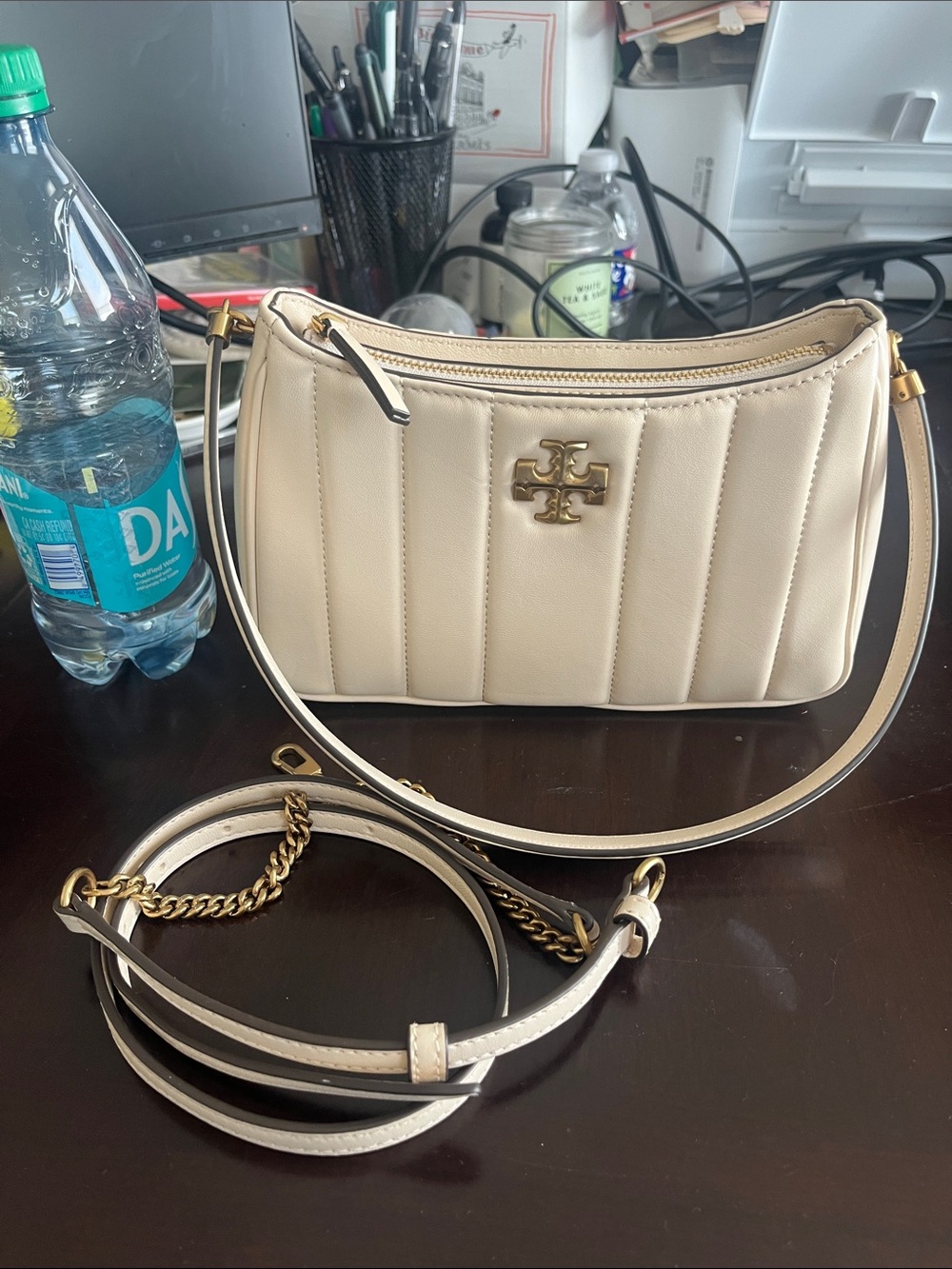 Tory Burch Kira Cream Quilted Leather Shoulder Bag with Gold Logo